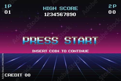 PRESS START INSERT A COIN TO CONTINUE. pixel art .8 bit game. Retro Futurism Sci-Fi Background. glowing neon grid. and stars from vintage arcade computer games