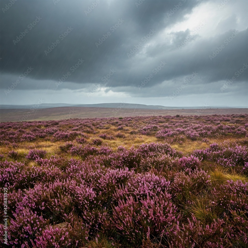 Obraz premium Rain falling over wild moorland, heather soaked, wind howling gently, sky full of power as nature sighs in soft, fierce beauty.