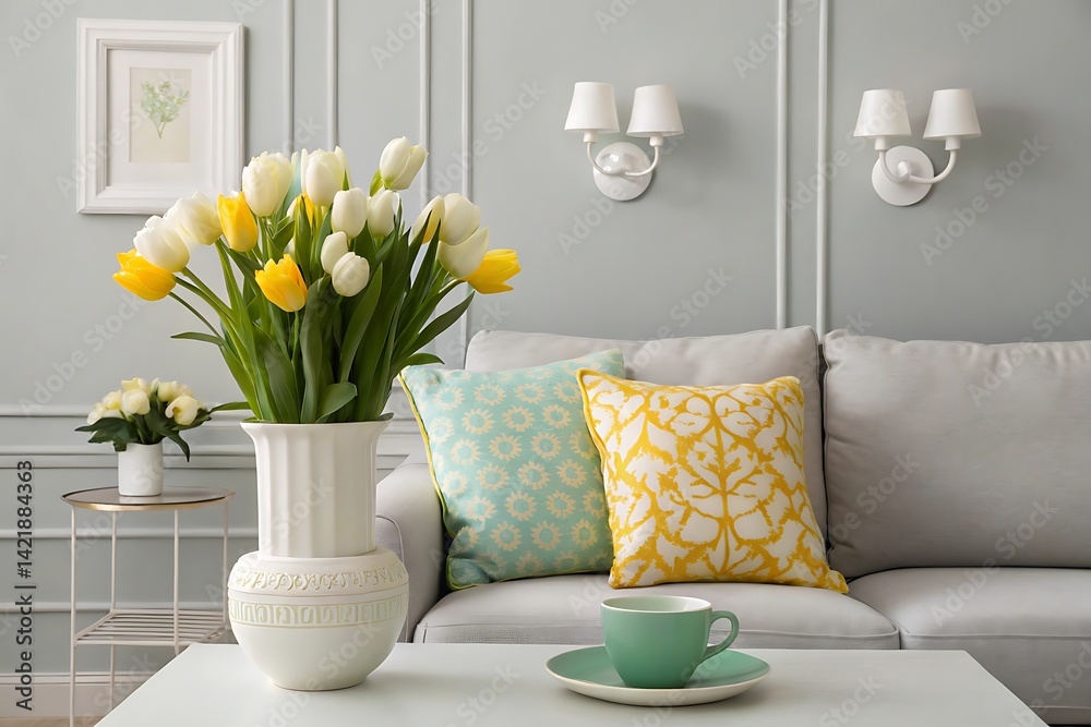 Naklejka premium Living room decor tulips white vase pillows sofa interior design home decor modern stylish bright space