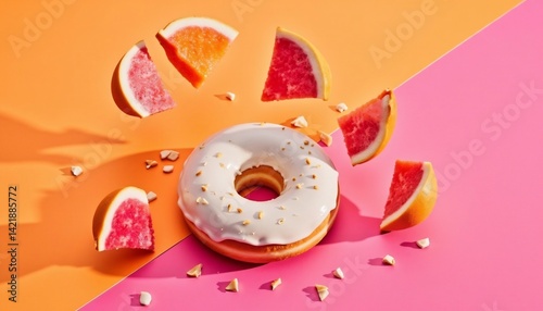 Donut and Grapefruit Delight: A delectable glazed donut, adorned with golden sprinkles.