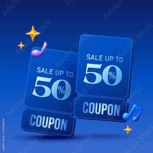3d minimal coupons with coupon code, music note and sparkling, percentage price off, isolated on blue background. Gift voucher mockup icon template for sale off poster. 3d coupon vector. Vector