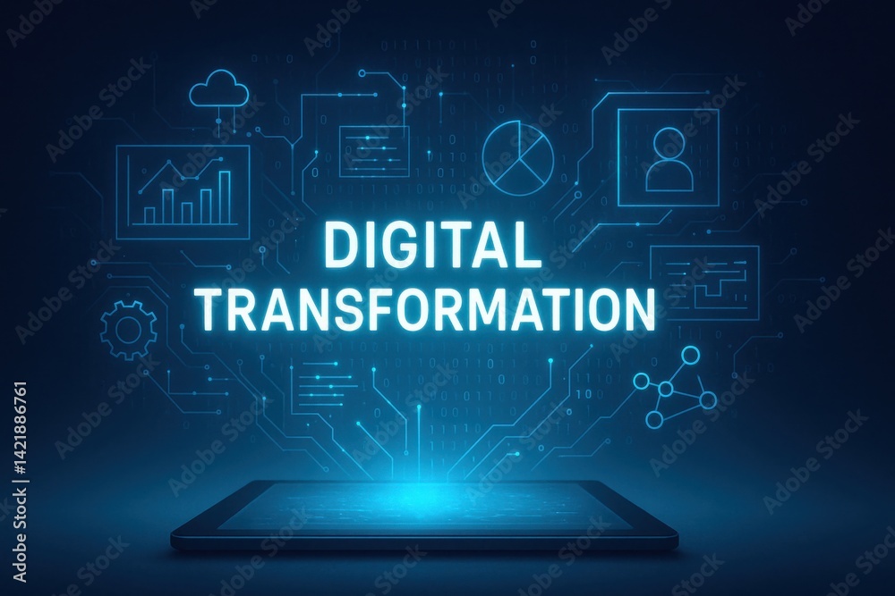A captivating representation of digital transformation, featuring a tablet surrounded by futuristic icons depicting data, analytics, and connectivity in a dark, high-tech environme A captivating representation of digital transformation, featuring a tablet surrounded by futuristic icons depicting data, analytics, and connectivity in a dark, high-tech environme