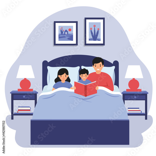 Family Reading Together in Bed Blue Bedroom Interior with Night Lamps and Wall Art Vector Illustration 