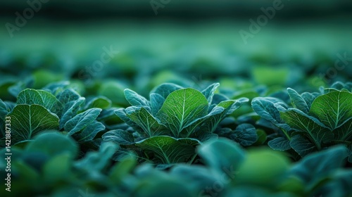 Close-up view of fresh leafy greens in a field, ideal for healthy food, agriculture, and farming stock photography