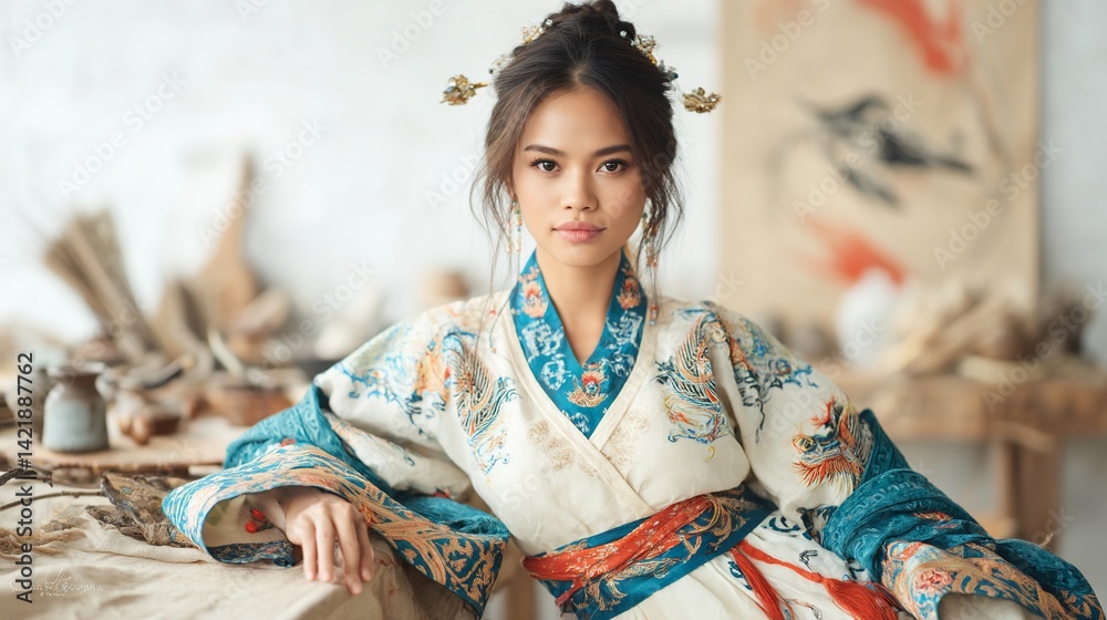 Elegant Asian woman in traditional robes, posed inside a studio. She wears ornate hair accessories Elegant Asian woman in traditional robes, posed inside a studio. She wears ornate hair accessories