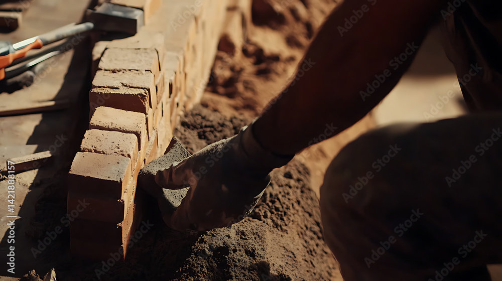 Bricklayer Laying Bricks in Construction Site Bricklayer Laying Bricks in Construction Site