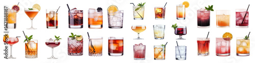 A variety of colorful, stylish cocktail drinks in different glasses.