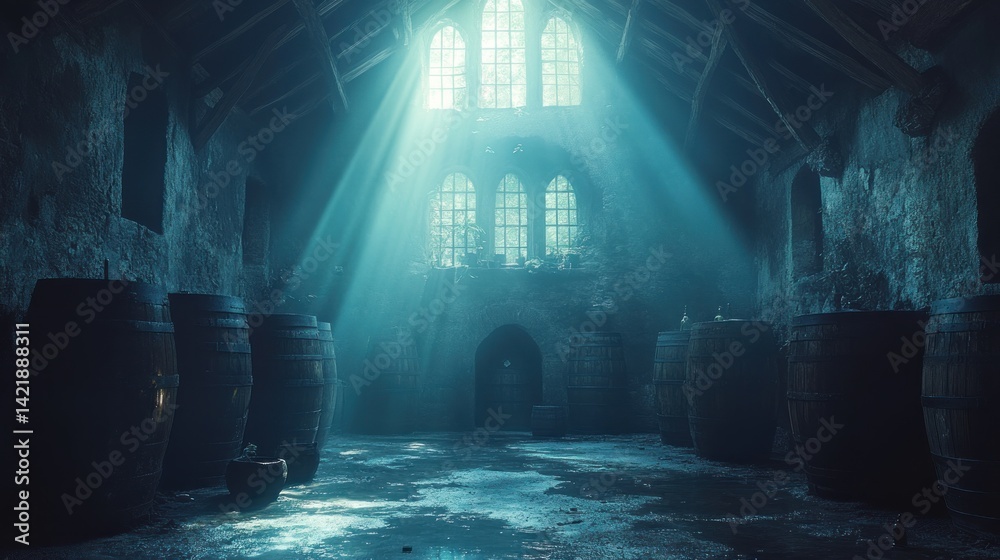 Obraz premium Dark cellar with barrels, stone walls, and light shining through windows.