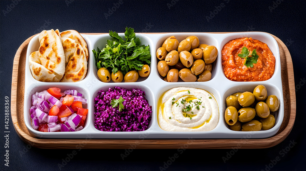 Mediterranean Meze Platter with Olives Hummus and Salads Mediterranean Meze Platter with Olives Hummus and Salads