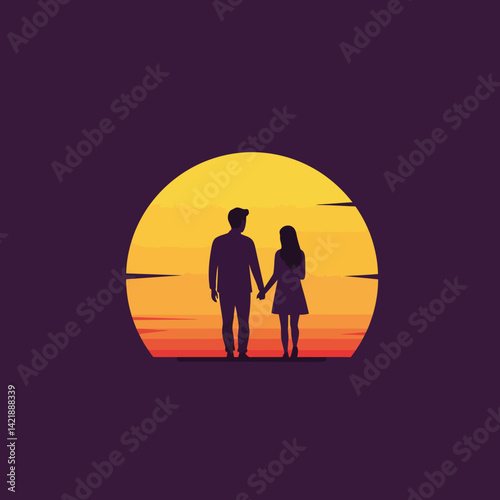 Couple holding hands silhouette against orange yellow sunset background romantic love concept vector illustration 
