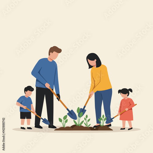 Family gardening activity with father mother and children planting vegetables and flowers together in backyard vector illustration 