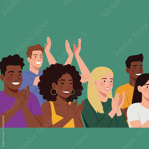 Diverse group of people clapping and smiling in audience showing appreciation and support vector illustration 