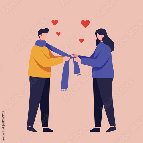Couple sharing blue scarf with floating red hearts romance love illustration vector art 