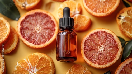 Citrus essential oil dropper, slices, yellow background.  Healthy lifestyle photo