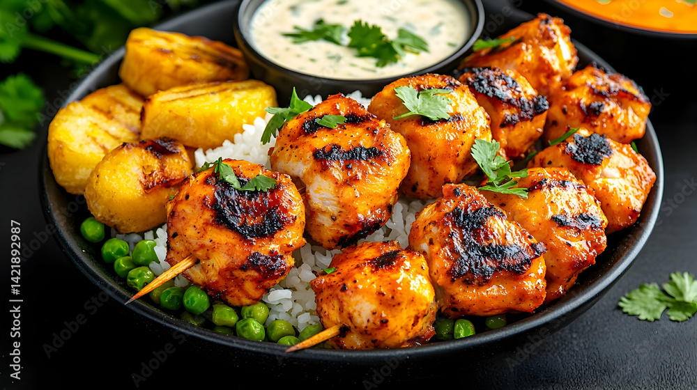 Grilled Chicken Skewers with Rice and Plantain Bowl Grilled Chicken Skewers with Rice and Plantain Bowl