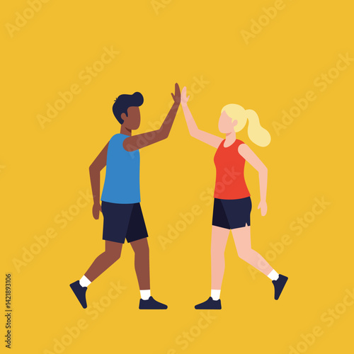 Two young people giving high five in casual sportswear on yellow background vector illustration 