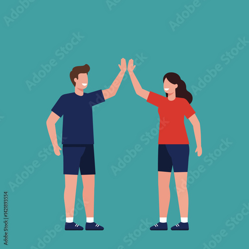 Two young people high five gesture in casual sportswear vector illustration on teal background 