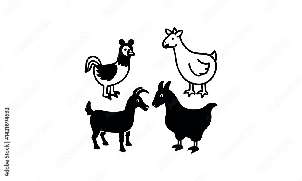 Obraz premium Farm animals set - cute Goat, Chicken, Rooster and Duck, simple thick lines kids or children cartoon coloring book pages.