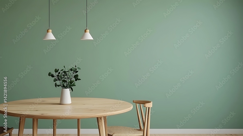 Minimalist Interior Scene Featuring Round Wooden Table, Stylish Chair, Elegant Vase, Green Wall, and Subtle Lighting Fixtures.