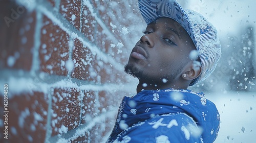 Man leaning against brick wall in snowfall photo