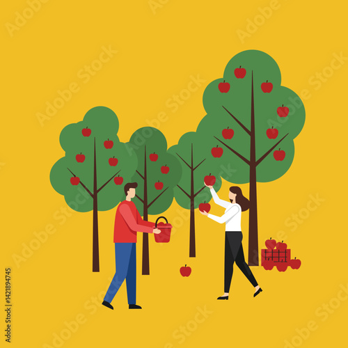 People picking red apples from green apple trees in orchard with yellow background vector illustration 