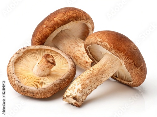 Macro shot of shiitake mushroom caps and stems, highlighting organic textures and natural forms, with earthy brown tones and crisp white background, captured in a clean studio setup.