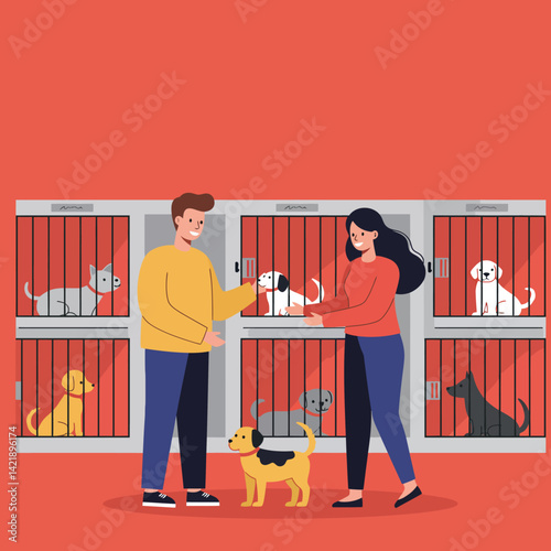 People adopting dogs at animal shelter with various dog breeds in cages and friendly interaction vector illustration 