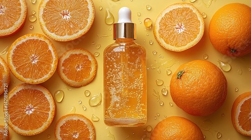 Orange slices, serum bottle, yellow background, beauty product, top view
