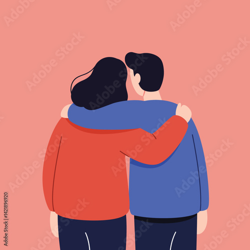 Couple hugging each other showing affection and support in simple flat vector illustration with pink background 