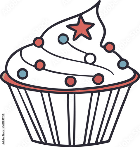 Colorful Cupcake With Frosting and Decorative Toppings on a Plain Background