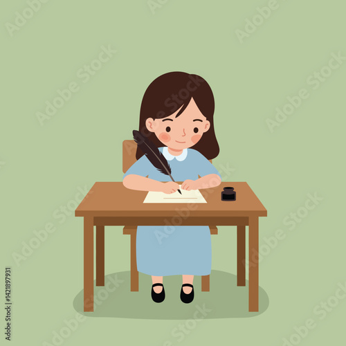 Young girl writing with ink pen at wooden desk in calm indoor setting vector illustration 