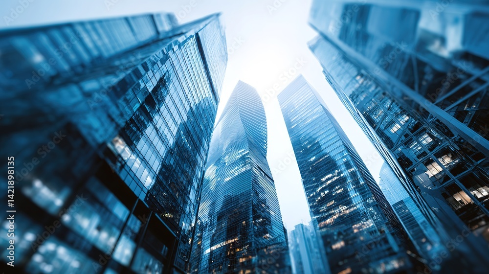 Fototapeta premium Tall buildings reach towards the sky in a modern urban cityscape.