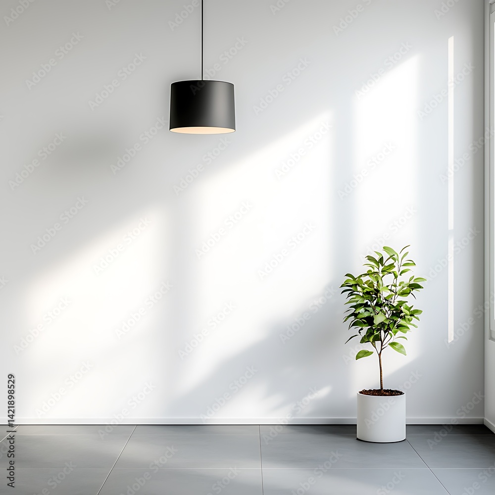 Minimalist interior space featuring a green potted plant, modern lamp, white walls, and soft natural light creating tranquil atmosphere.