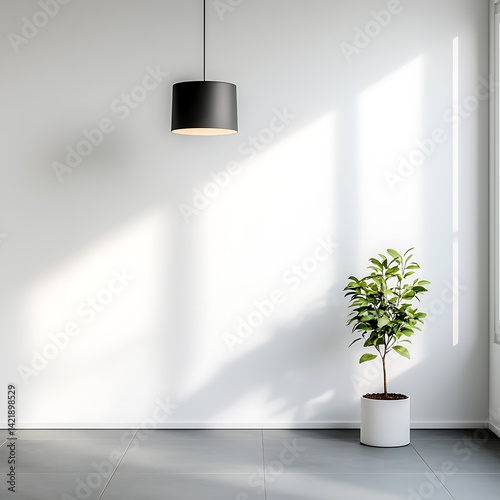 Obraz na płótnie Minimalist interior space featuring a green potted plant, modern lamp, white walls, and soft natural light creating tranquil atmosphere. w salonie