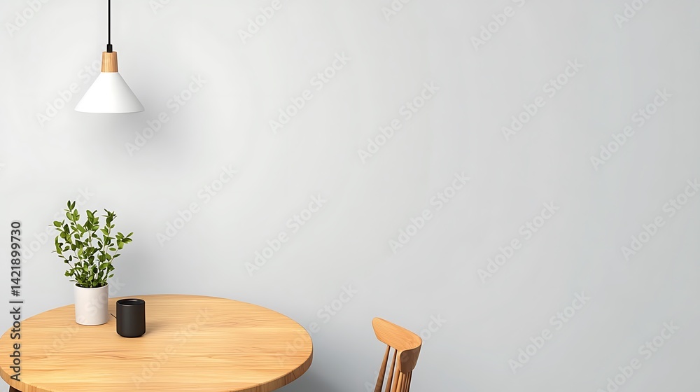 Minimalist Interior with Wooden Table, Chair, Plant, and Lamp for a Modern Living Space Ambiance.