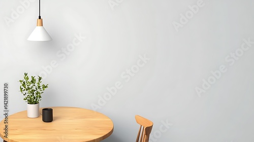Obraz na płótnie Minimalist Interior with Wooden Table, Chair, Plant, and Lamp for a Modern Living Space Ambiance. w salonie