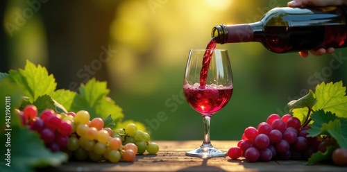 Wine pours from bottle into aerated glass amidst lush greenery, cellar, grapes