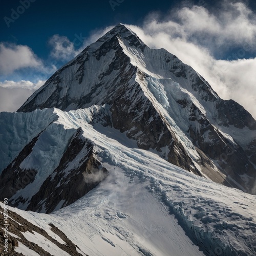 A dramatic view of K2’s Abruzzi Spur, with clouds swirling at the summit and sunlight breaking through to reveal treacherous seracs and crevasses.