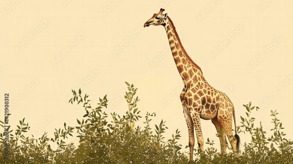 Fototapeta premium A majestic giraffe stands amongst green leafy foliage in its habitat