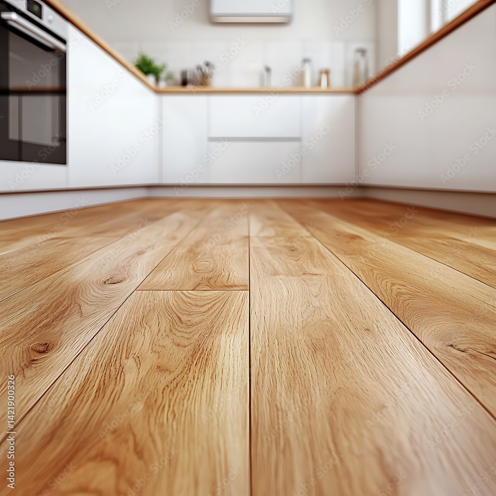 Minimalist Kitchen Design Featuring Warm Wooden Flooring and Clean White Cabinets for Interior Decor Inspiration.