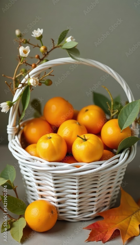 White wicker basket filled with golden tangerines and branches, autumnal, rustic White wicker basket filled with golden tangerines and branches, autumnal, rustic