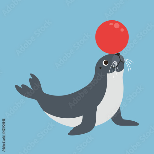 Seal balancing red ball on nose playful marine animal illustration with blue background vector art 
