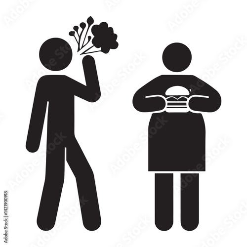 Choice good bad nutrition fat eating versus isolated Vector Silhouettes White Background.