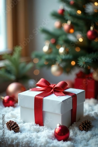 White gift box on a snowy table with a decorated tree, decorations, Christmas