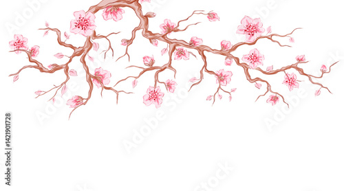 Pink cherry blossom. Illustration of sakura branch with flowers.