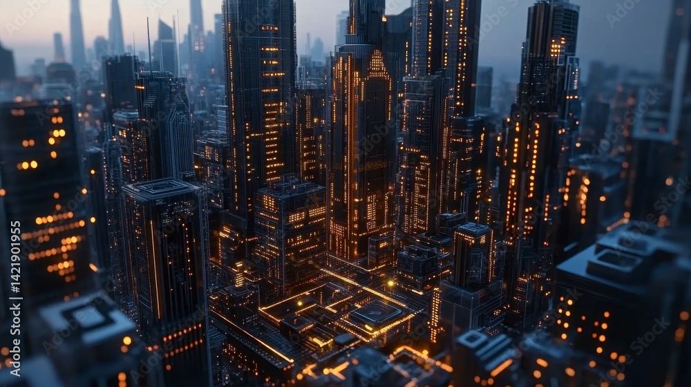 Futuristic cityscape at dawn, dark buildings with warm interior lights, aerial view. Futuristic cityscape at dawn, dark buildings with warm interior lights, aerial view.