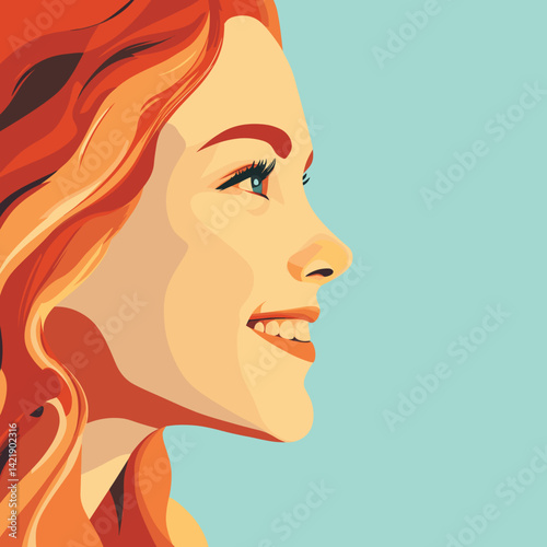Smiling woman with red hair in profile against a turquoise background  
