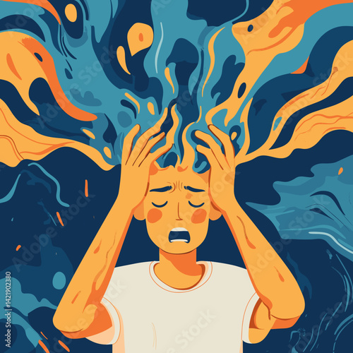 Young man expressing frustration with thoughts swirling around  