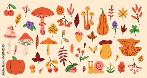 Autumnal bounty A whimsical fall harvest with mushrooms leaves berries  pumpkins