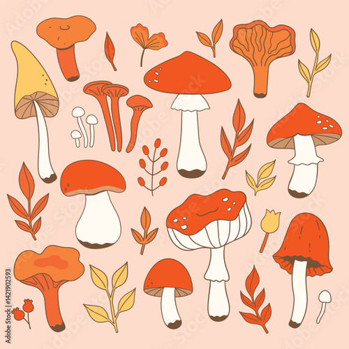 Autumnal mushroom meadow whimsical fungi and foliage abound